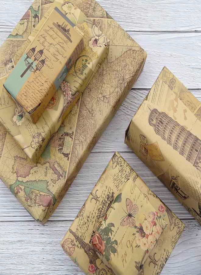 Boerni Vintage Shabby Chic French Paris Eiffel Tower Arc de Triomphe Leaning Tower of Pisa Bicycle Butterfly Rose Maps Kraft Wrapping Paper Folded Flat 6 Sheets: 23sq. ft. ttl-Anniversary Wedding Gift Wrap - Image 5